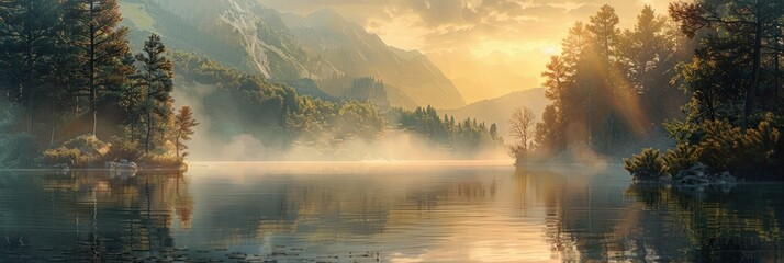 Wall Mural - Misty Sunrise over Mountain Lake