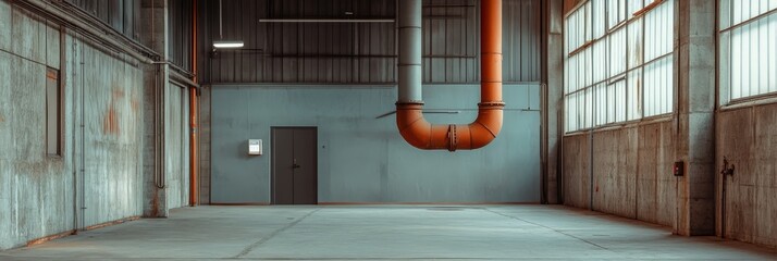 Wall Mural - Industrial building interior with exposed ventilation pipes, concrete walls, and large windows. This image symbolizes industry, construction, infrastructure, and functionality.