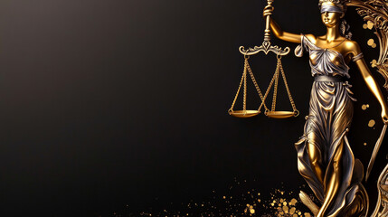 Lady Justice with scales of justice, blindfolded, holding scales against a golden frame and black background symbolizing law, justice, fairness, balance and equality.