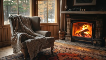 Wall Mural - Cozy Cabin Fireplace Scene in Autumn Forest