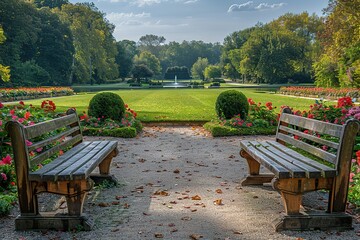 Two wooden benches are placed in a park with a grassy area in between