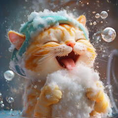 Wall Mural - A caricature of a singing happy cat with a shower cap soaps itself with a sponge. it is full foam with flying soap bubbles. dynamic move. f1/8. Hyperrealistic, splash art