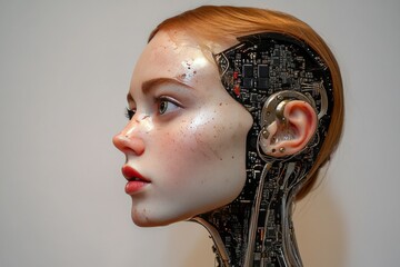 Sticker - Close up of a red haired woman with embedded digital technology symbolizing human tech integration data processing and the convergence of biology and machines