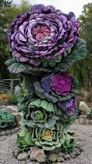 Wall Mural - A tower of ornamental cabbages, with different colored flowers on top of each other.