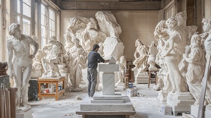 artist working on marble sculpture in a studio filled with sculptures