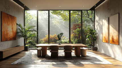 A modern dining room with a large wooden table and chairs, set against a backdrop of lush greenery.