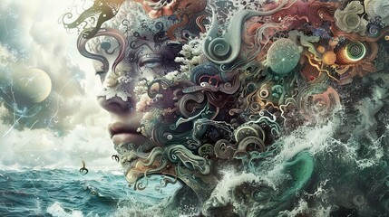 Wall Mural - A surreal portrait of a woman's face composed of swirling, abstract patterns and textures, set against a stormy sea with a distant planet.