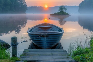 Wall Mural - Sunrise over a Tranquil Lake with a Small Boat