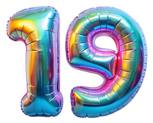 neon holografic foil balloon for birthday in the shape of the number 19 , isolated on the white background