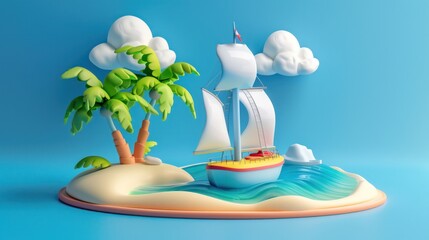 Wall Mural - Cartoon Tropical Island with Sailboat