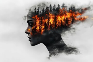 Poster - Monochrome profile of a woman with a burning forest in her mind symbolizing internal conflict personal transformation and the destructive force of emotion