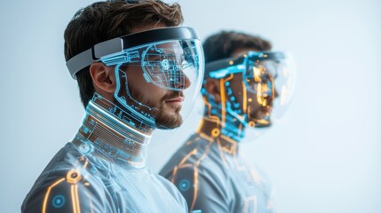 Two men wearing virtual reality goggles stand side by side