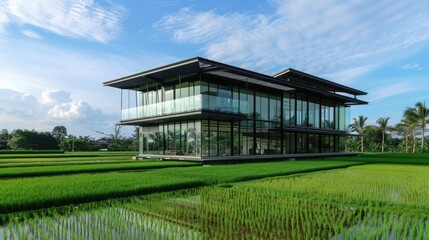 Wall Mural - Modern Glass House in Rice Paddy Field