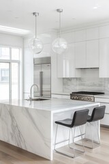 Wall Mural - A sleek kitchen with high-gloss white cabinets, stainless steel appliances, and a marble island, complemented by modern pendant lighting and an open layout