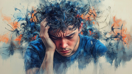 person holding head surrounded by dark clouds and chaos