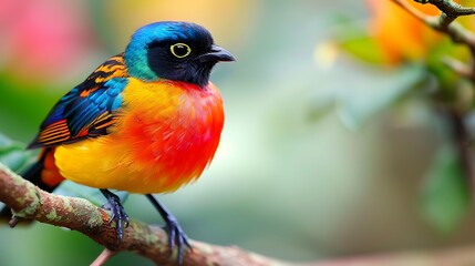 A vibrant bird poised with orange blue and yellow feathers on the sit branch