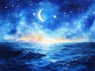 Wall Mural - Watercolor painting of a crescent moon and starry night over