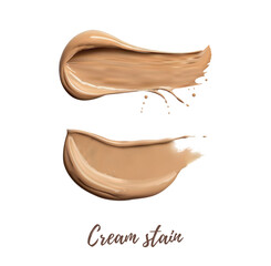 Smear of beige cream on white isolated background top view. 3d Realistic cream texture. Cosmetic swatch texture. Vector mesh cream stain. Skincare beauty element. Nude color cream. Brown dark cream ba