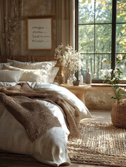 Poster - Cozy bedroom with a natural feel, featuring a bed with a woven throw, a jute rug, and a window overlooking the greenery.