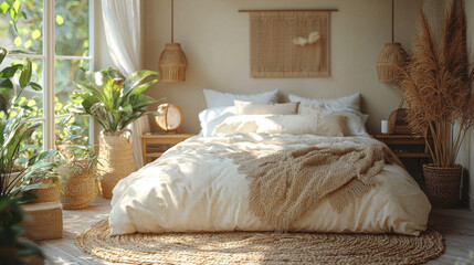 Wall Mural - Cozy bedroom with a soft bed, warm blankets, and natural light.