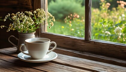 Wall Mural - Serene morning retreat with rustic wooden table and coffee mug, basking in vintage aesthetics by the window