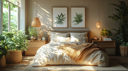 Wall Mural - A cozy bedroom with a large bed, plants, and natural light.