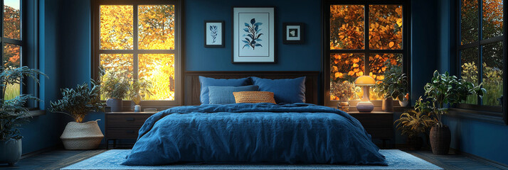 Poster - A cozy bedroom with a blue bed and a warm glow from the window.