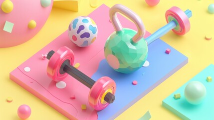 Wall Mural - Colorful 3D Render of Kettlebell and Dumbbell