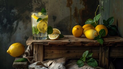 Wall Mural - A wooden stool with a glass of lemon chill and juicy fruit around it