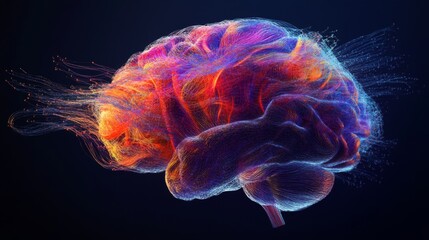 Aufkleber - An artistic rendering of a human brain with colorful, flowing neural pathways, illustrating complex cognitive processes and mental activity.