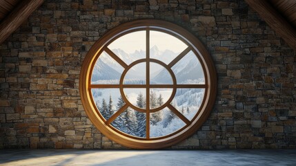 perfect circle stained glass with eight divitions, frames made with wood, on a brick wall, trough the window a view of an amazing winter landscape with snow, a big mountain and pine trees. Empty room