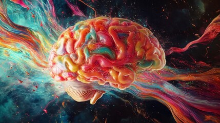 Aufkleber - An artistic rendering of a human brain with colorful, flowing neural pathways, illustrating complex cognitive processes and mental activity.