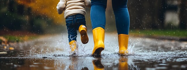 Photo of a mother and child wearing yellow rain boots jumping in puddles on an overcast day