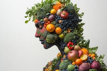 abstract human form composed of colorful fruits and vegetables dynamic pose vibrant produce colors white background focus on nutrition and wellness