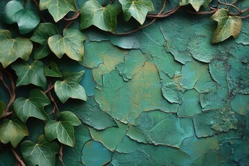 abstract pattern of ivy leaves and vines on a textured green wall closeup details reveal the intricate shapes and shadows creating a natural organic design element