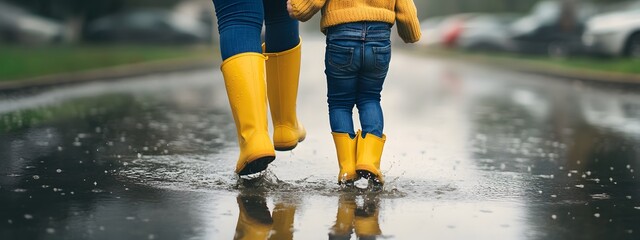 Photo of a mother and child wearing yellow rain boots jumping in puddles on an overcast day