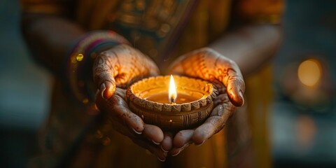 Hands Holding a Lit Clay Diya