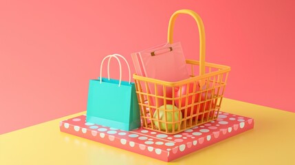 Wall Mural - Shopping Cart with colorful bags and fruit in a 3D Design