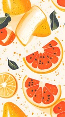 Wall Mural - Flowers, Florals, Leaves, Shapes, Waves, Fruits, Yellow and Orange, Abstract Image, Texture, Pattern Background, Wallpaper, Cover and Screen for Smartphone, PC, Laptop, 9:16 and 16:9 Format