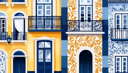 A street in Porto lined with buildings adorned in azulejos, each one unique with hand-painted floral and geometric designs in rich blue, yellow, and green hues