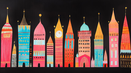 Wall Mural - Abstract city at black, paper art. Cute children art background