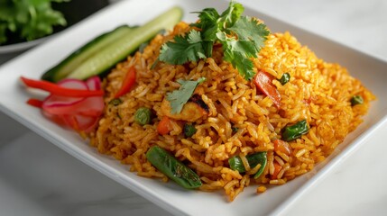 An artistic view of curry fried rice plated elegantly on a white dish, with a sprinkle of fresh cilantro and a side of pickled vegetables for added visual appeal.