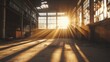 A perspective view of an abandoned industrial warehouse, with sunlight streaming through broken windows and casting long shadows on the dusty floor