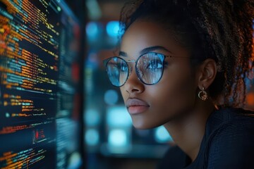 african american female programmer intensely focused on multiple screens of scrolling code futuristic tech workspace bathed in blue light