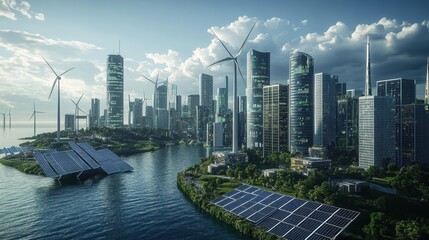 Wall Mural - Futuristic Sustainable Cityscape with Solar Panels and Wind Turbines