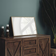 © artjafara - Mock-up frame standing on commode in dark green home interior close up, 3d render