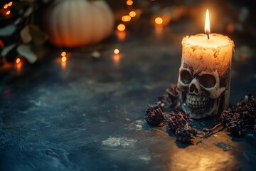 A skull-shaped candle is lit on an eerie, dark table with dried flowers and pumpkins scattered around it.