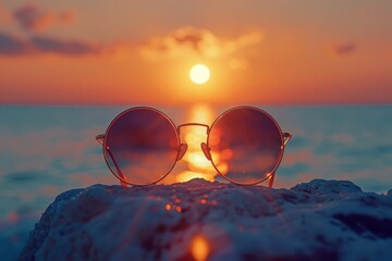 Sunglasses reflecting setting sun on a rock by the sea