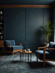 Poster - Modern wooden living room with armchairs and a dark blue wall.