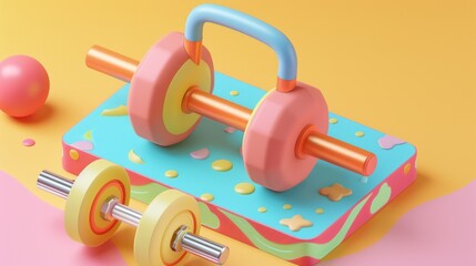 Wall Mural - Colorful 3D Dumbbells on a Platform